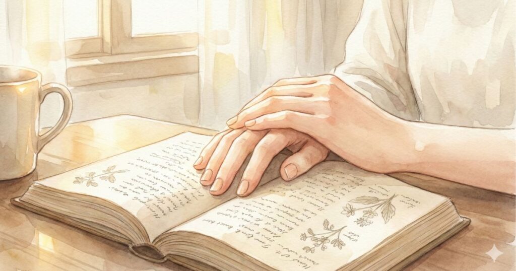 朝の柔らかな光に照らされながら、女性が本に手を添えて静かに座る半リアル水彩イラスト