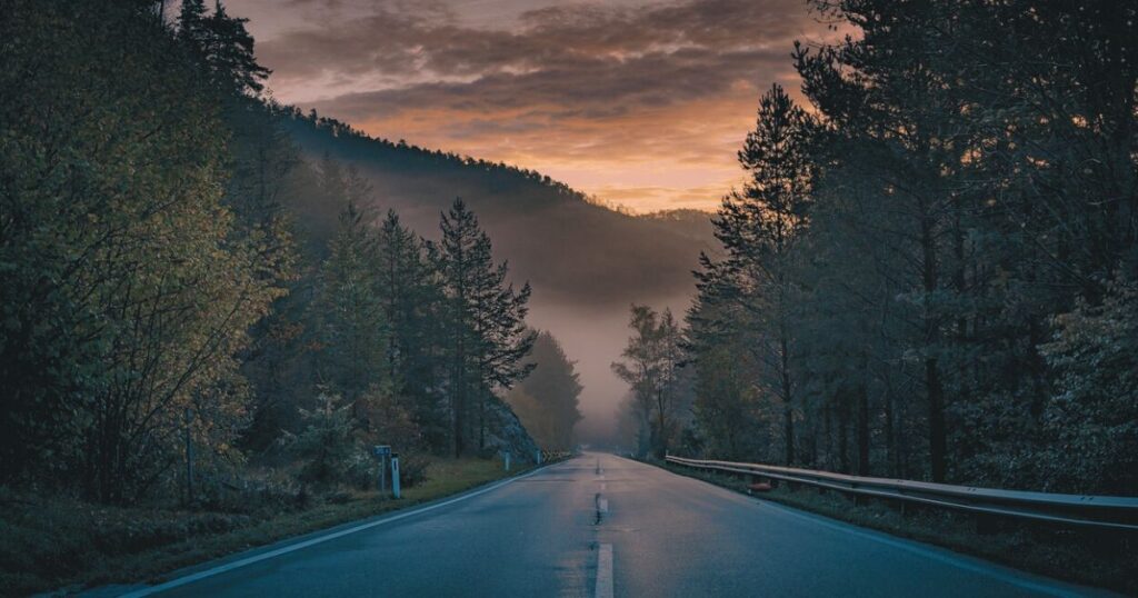 朝の光が差し込む静かな山道の風景。霧がゆっくり晴れていく様子が、心の未来の明るさを感じさせる。
