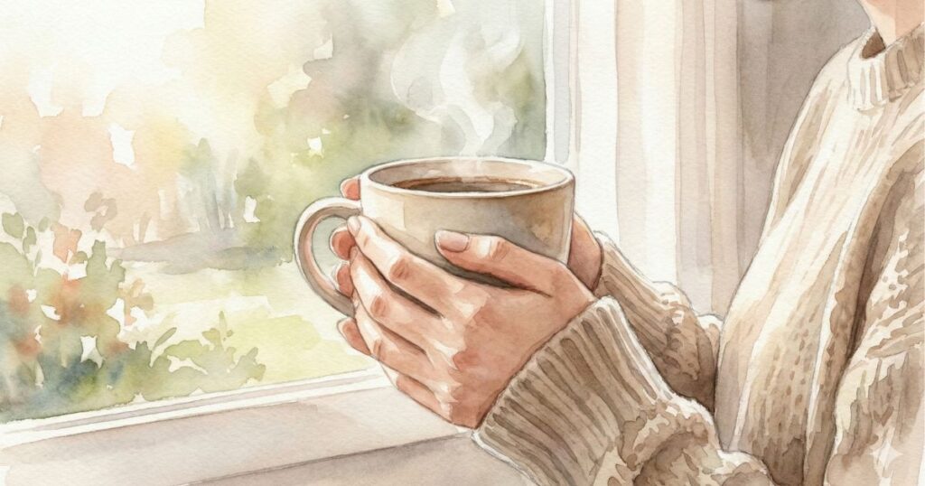 窓辺で温かなコーヒーを両手で包み込む女性の水彩イラスト