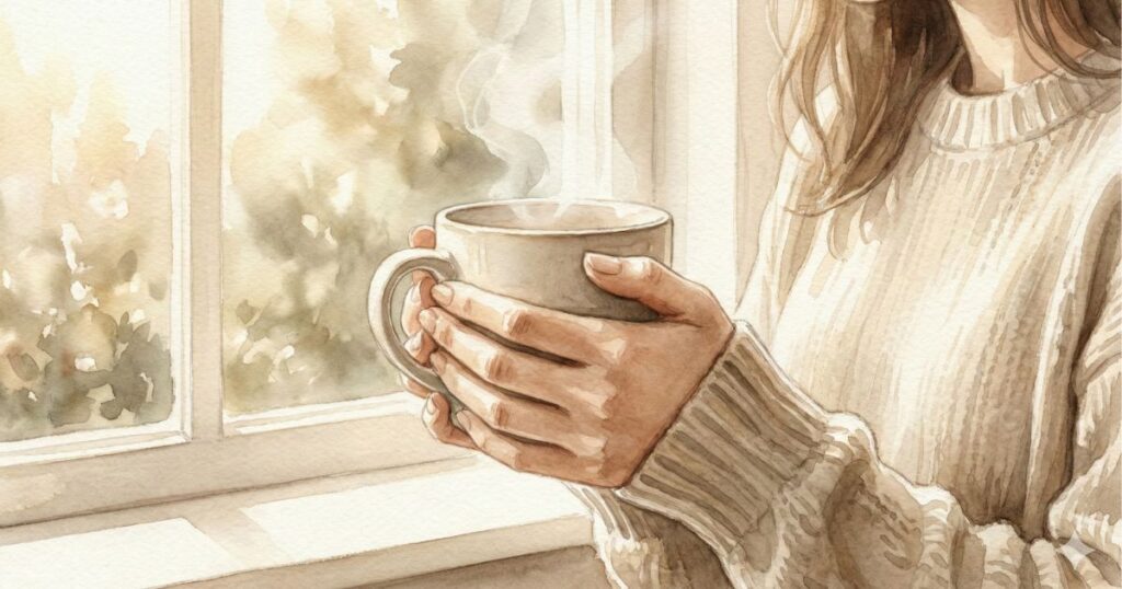 窓辺で温かいカップを両手でそっと支える女性の穏やかな水彩イラスト