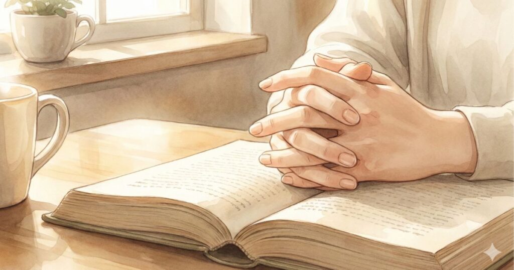 朝の光が差し込む窓辺で、本の上に手を静かに組んで佇む女性を描いた半リアル水彩イラスト