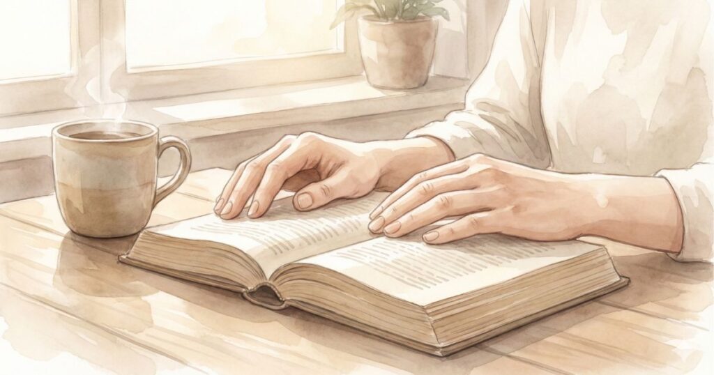 朝の光に包まれた窓辺で、開いた本にそっと手を置きながら読書する女性を描いた水彩イラスト。湯気の立つカップが静かな温かさを添えている。