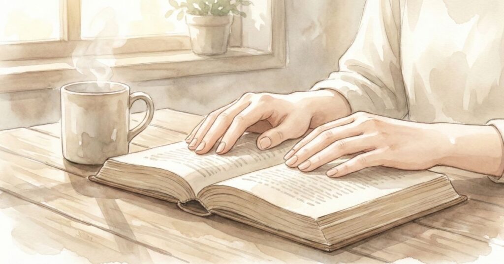 温かな湯気の立つカップと、本をそっとめくる女性の手元を描いた朝のイラスト