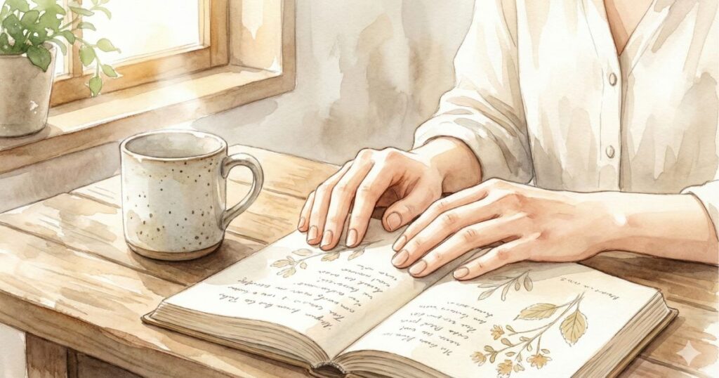 湯気の立つカップと、窓辺で本を静かに読む女性の手元を描いたイラスト