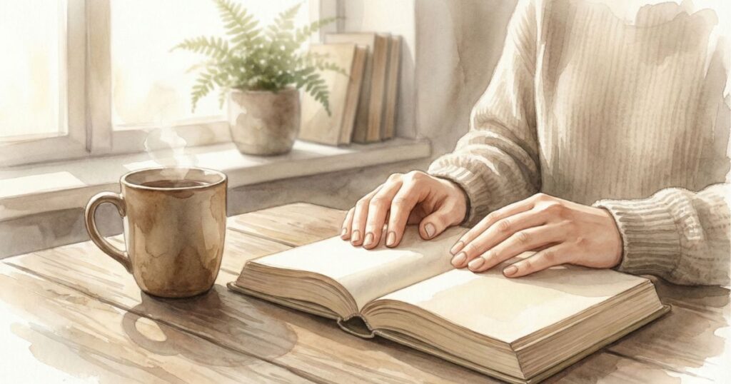 湯気の立つカップをそばに、窓辺で本を静かに読む女性の手元を描いたイラスト
