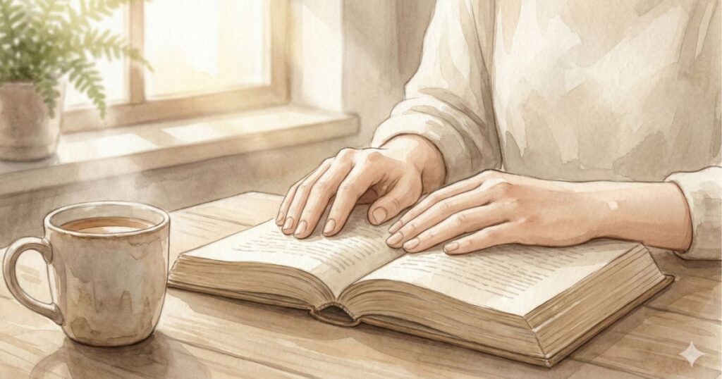 朝の光に照らされながら、本のページを静かにめくる女性の手元と湯気の立つカップのイラスト