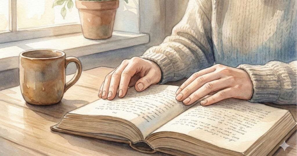 温かなカップをそばに置き、本の文字をそっと追う女性の手元を描いたイラスト