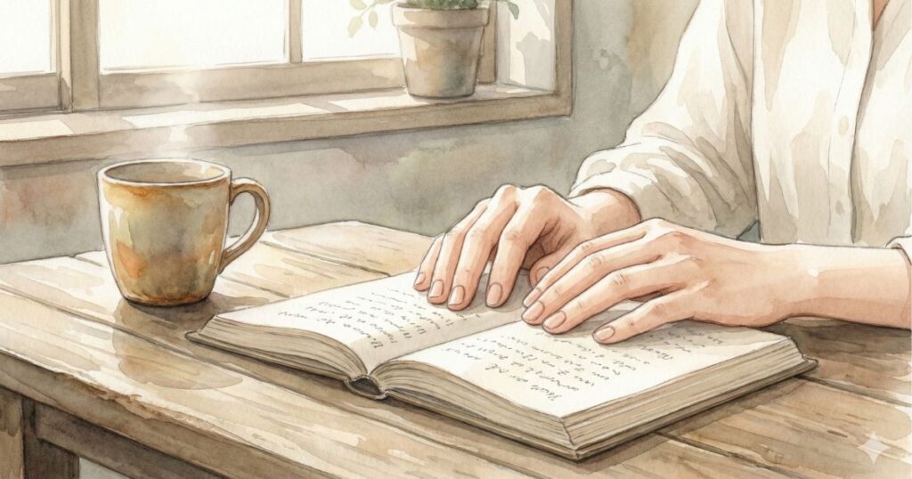 湯気の立つカップを横に置き、窓辺で本を静かに読み進める女性の手元のイラスト