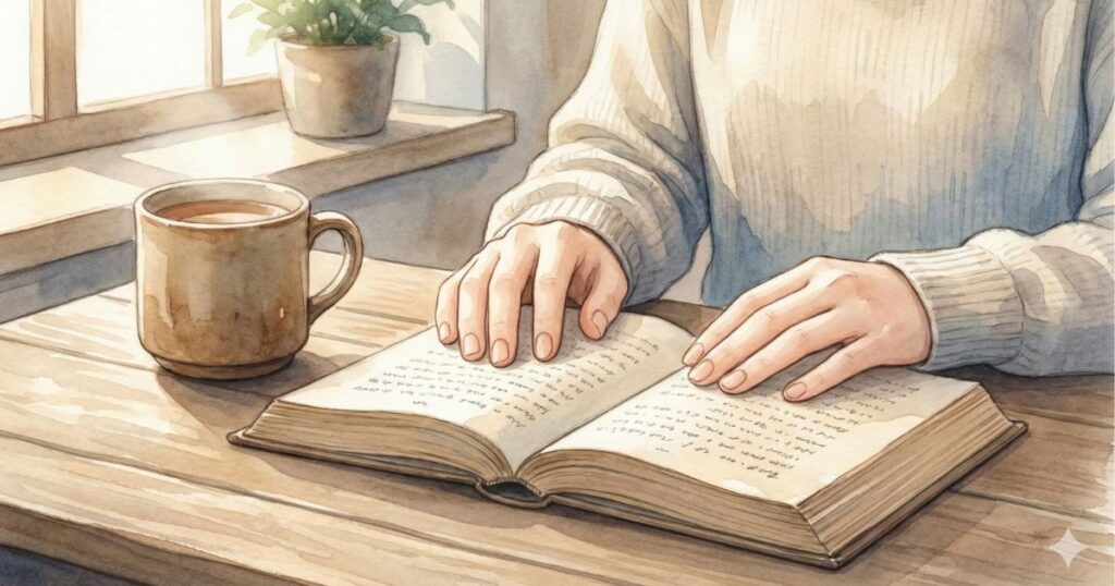 朝の光に包まれた窓辺で、温かなカップを横に本を読む女性の手元を描いたイラスト