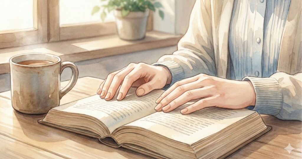 湯気の立つカップをそばに置き、朝の光の中で本をゆっくり読み進める女性の手元を描いたイラスト