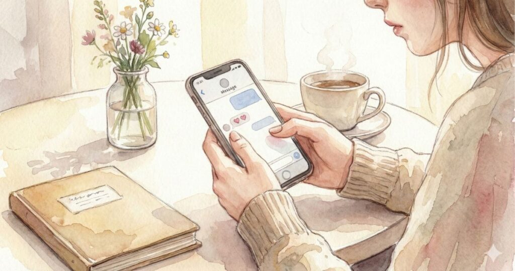 静かな朝のテーブルでスマホのメッセージを見つめる女性と、コーヒーと花瓶が並ぶ水彩イラスト