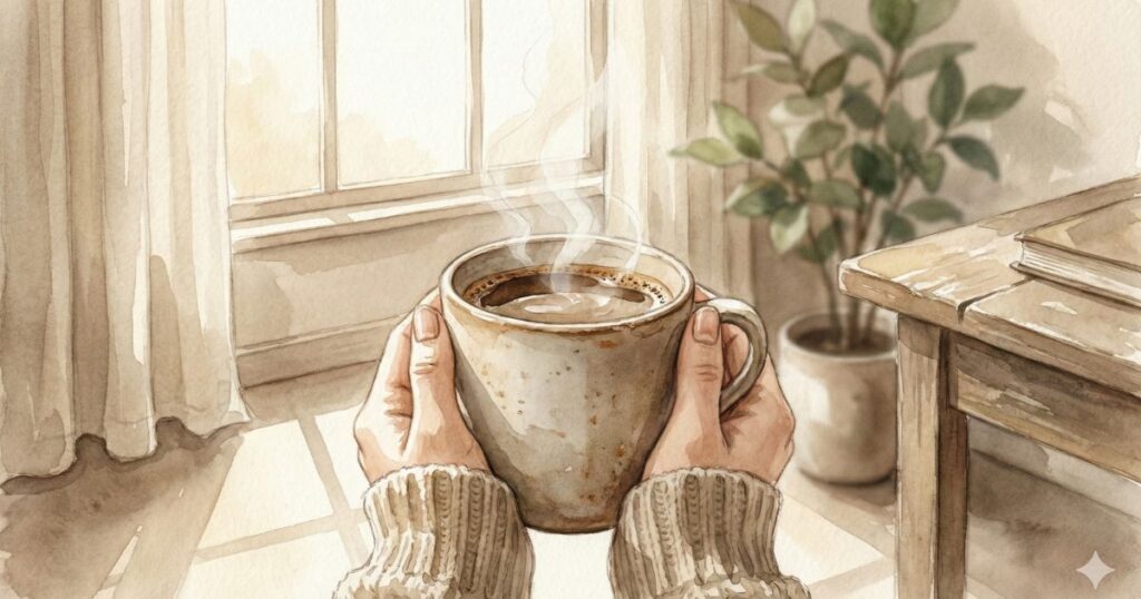 窓辺のやわらかな光の中で、両手で温かいマグカップを包み込み、湯気が立ちのぼっている水彩画風のイラスト