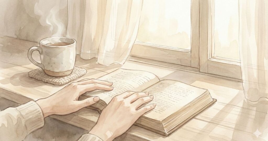 窓辺のやわらかな光の中で、本を開いた手元と湯気の立つマグカップが静かに置かれている水彩画風のイラスト