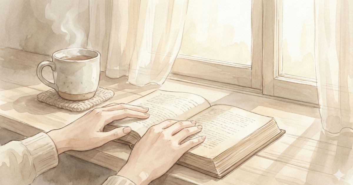 窓辺のやわらかな光の中で、本を開いた手元と湯気の立つマグカップが静かに置かれている水彩画風のイラスト