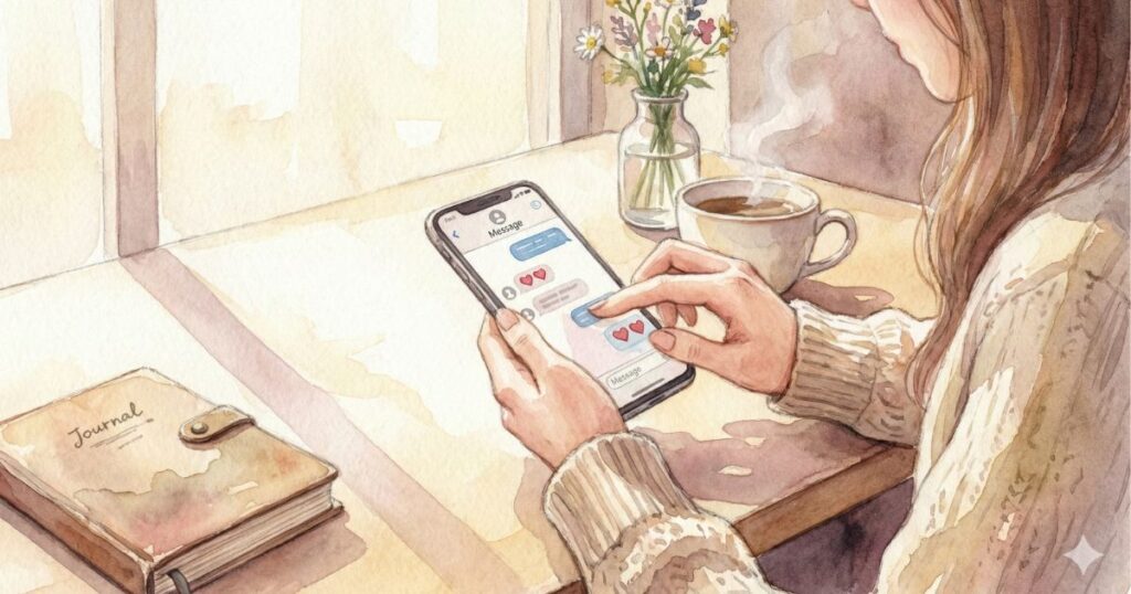 窓辺でスマホのメッセージを操作する女性と、コーヒーや花瓶が並ぶ静かな朝の水彩イラスト