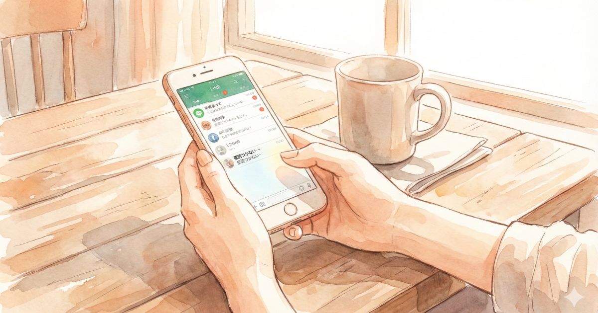 木のテーブルの上で、スマートフォンを両手に持ち画面を見つめる手元と、そばに置かれたマグカップが描かれた水彩画風のイラスト
