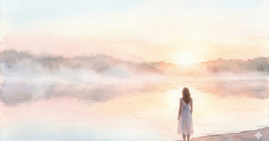 霧が立ちこめる静かな湖畔で、淡い朝日の中、ワンピース姿の女性が一人立ち、遠くを見つめている水彩画風のイラスト