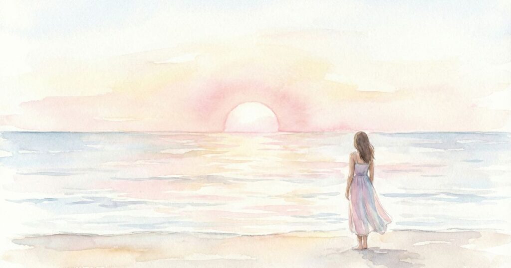やわらかな朝焼けの海を前に、ワンピース姿の女性が一人、静かに水平線を見つめて立っている水彩画風のイラスト