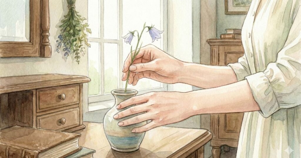 窓辺の机の上で、両手で小さな花瓶を支えながら、一輪の淡い青い花を静かに生けている様子の水彩イラスト