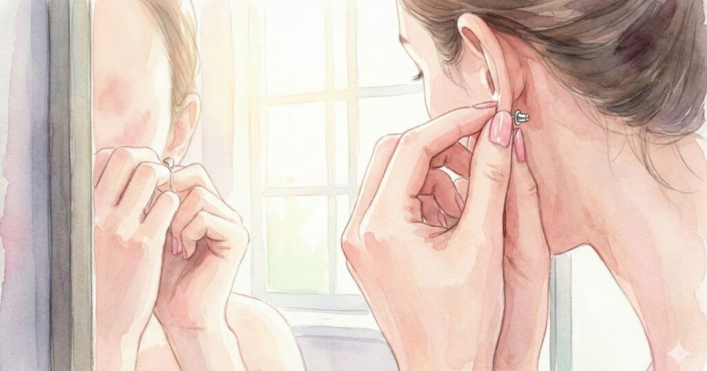 鏡の前で耳元のピアスに触れる女性の手元を描いた静かなイラスト