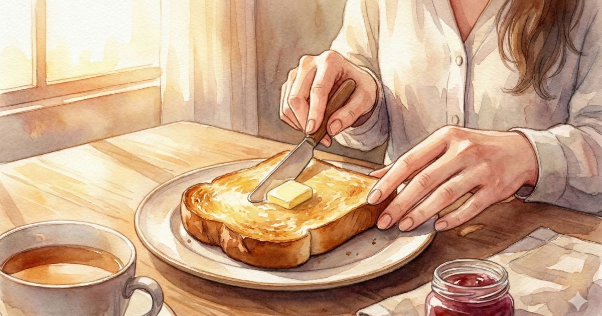 朝の光が差し込む中、トーストにバターを塗る手元の水彩イラスト