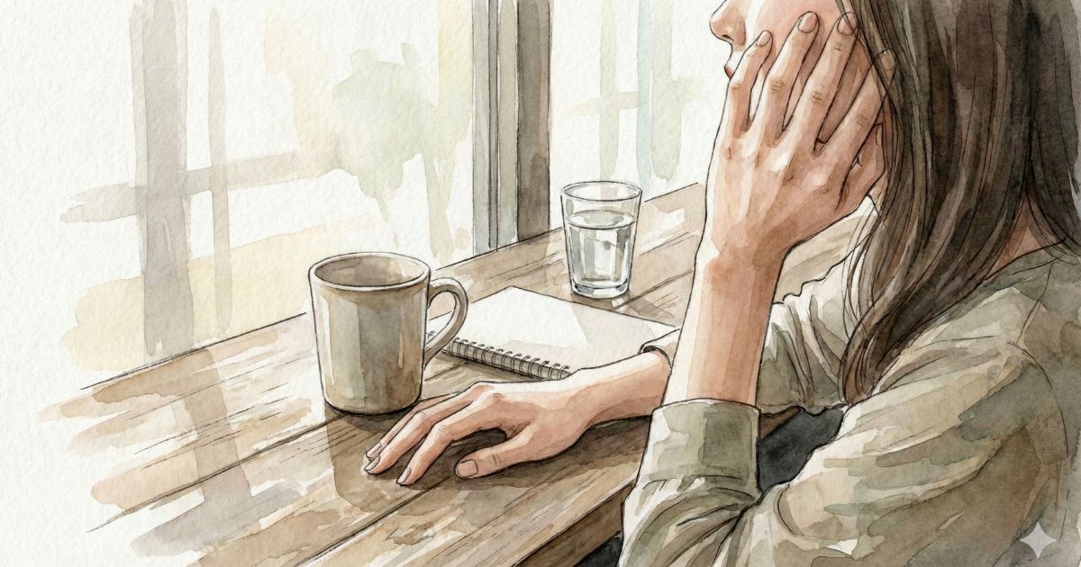 カフェの木製テーブルで、マグカップとノートの横に手を置き、窓の外を見つめながら考え込む人物の水彩イラスト