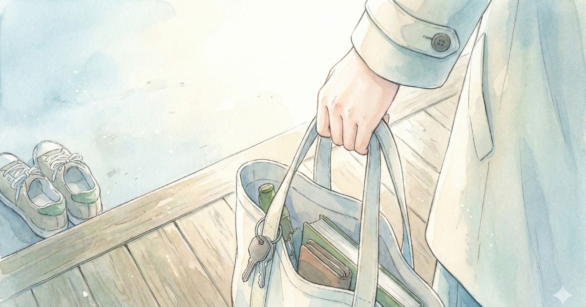 玄関でトートバッグを手に持ち、外出しようとする女性の手元