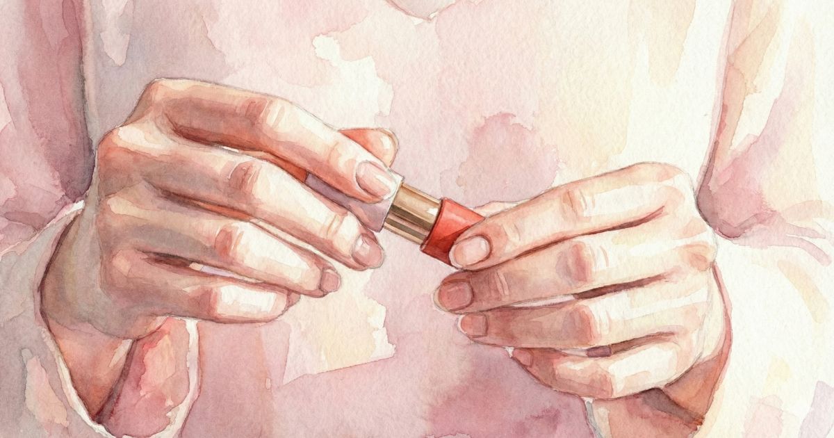 両手で口紅をそっと開けようとしている、やわらかな水彩タッチの手元のイラスト