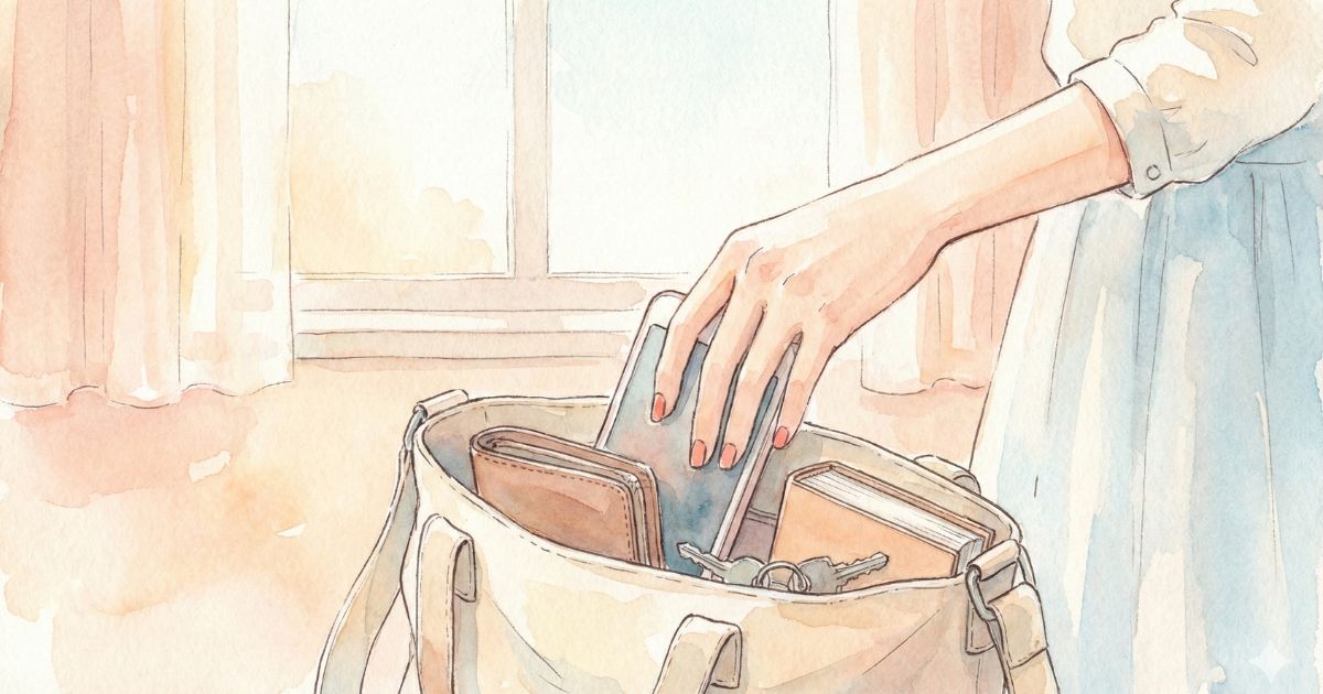 朝のやわらかな光の中で、バッグの中にスマートフォンをしまう女性の手元イラスト