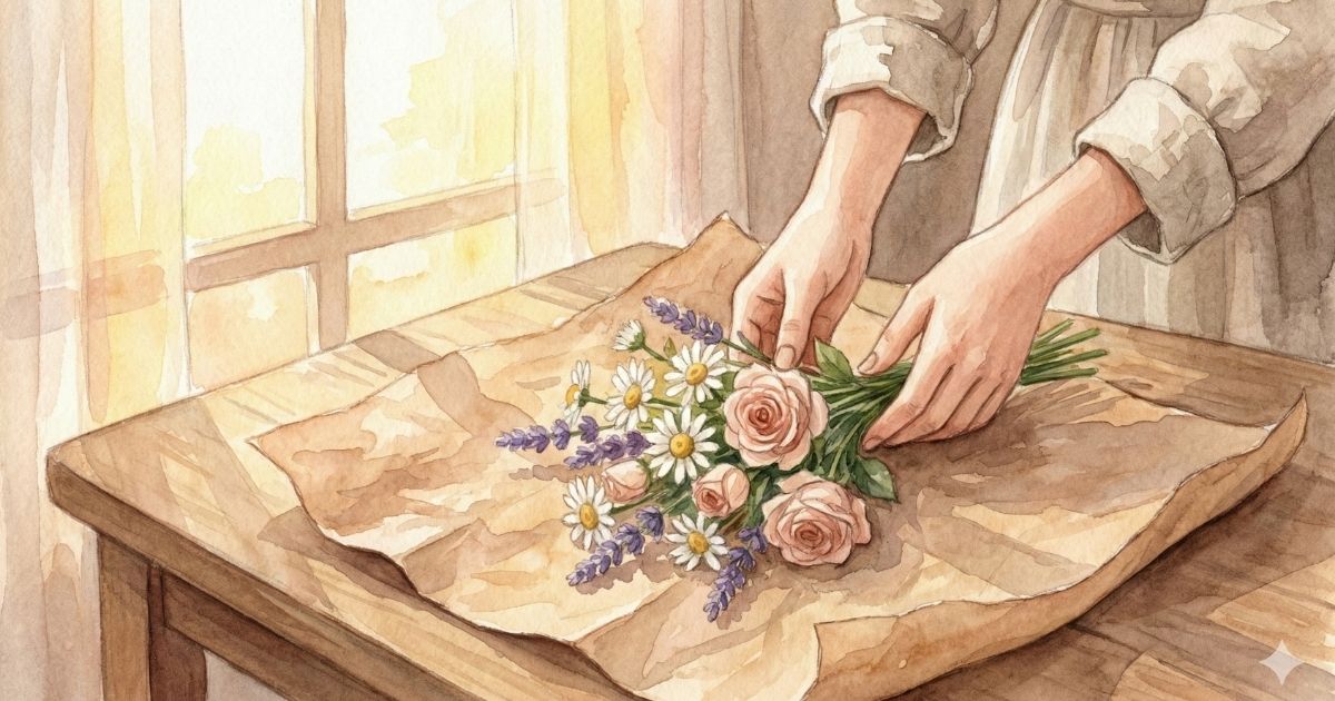 朝のやわらかな光が差し込む窓辺で、木のテーブルの上に花束をそっと整える手元のイラスト