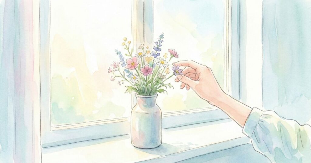朝のやわらかな光が差し込む窓辺で、小さな花瓶の野花にそっと触れる女性の手のイラスト