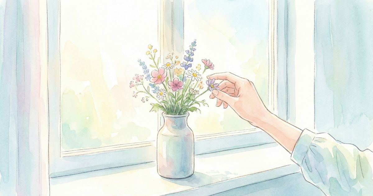 朝のやわらかな光が差し込む窓辺で、小さな花瓶の野花にそっと触れる女性の手のイラスト