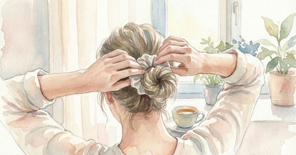 後ろ姿の女性が、朝の窓辺で髪をまとめている様子