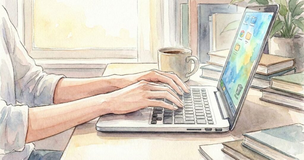 朝のやわらかな光の中で、ノートパソコンのキーボードに手を置いて作業している様子の水彩イラスト