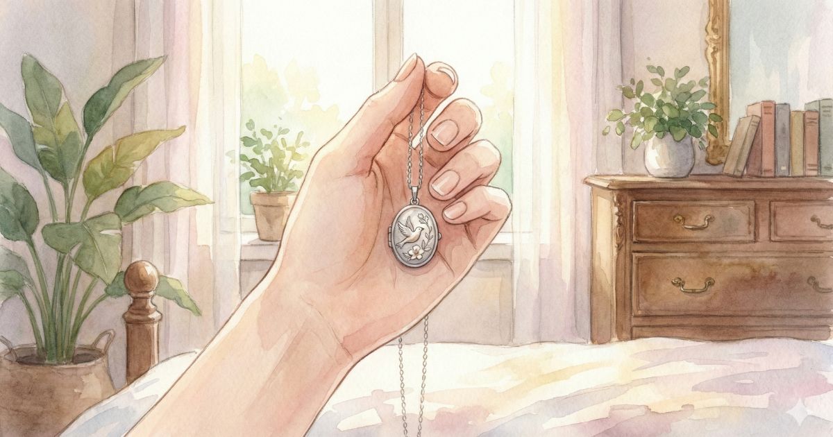 朝のやわらかな光の中で、手のひらに小さなロケットペンダントをそっと持つ女性の手のイラスト