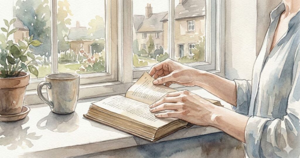 朝の光が差し込む窓辺で、本をめくる手と湯気の立つマグカップを描いた水彩風イラスト