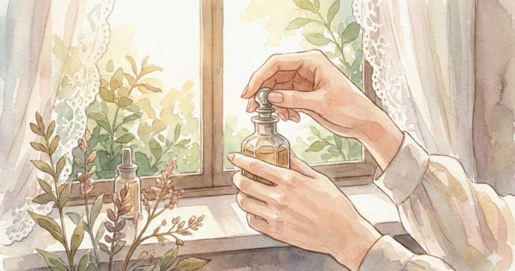 朝の光が差し込む窓辺で、両手に香水の瓶をそっと持つ様子を描いた水彩風のイラスト