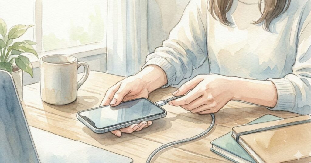 朝の光が差し込む部屋で、充電ケーブルをスマホにつなぐ女性の手元