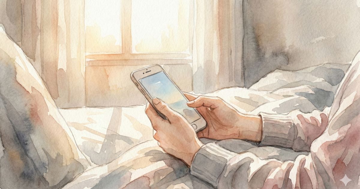 朝のやわらかな光の中、ベッドでスマートフォンを両手に持つ女性の手元のイラスト