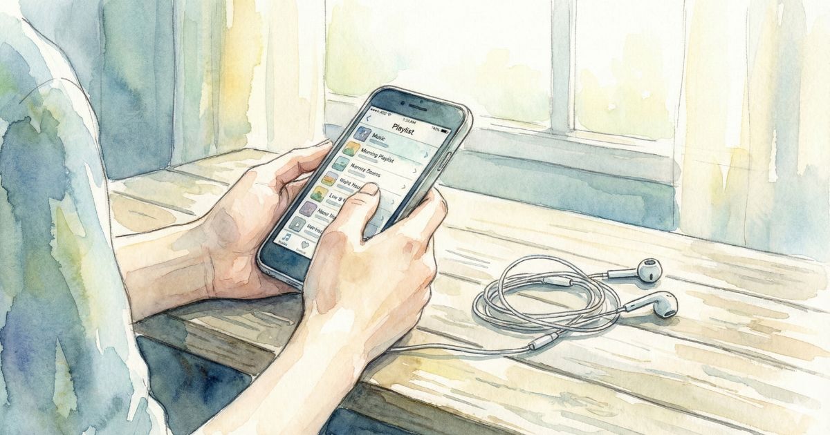 朝のやわらかな光が差し込む窓辺で、スマートフォンの音楽プレイリストを操作する女性の手元