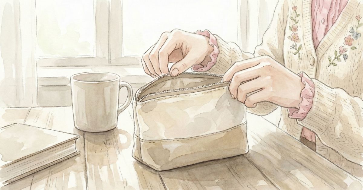 テーブルの上で、コスメポーチのファスナーをそっと開ける女性の手元