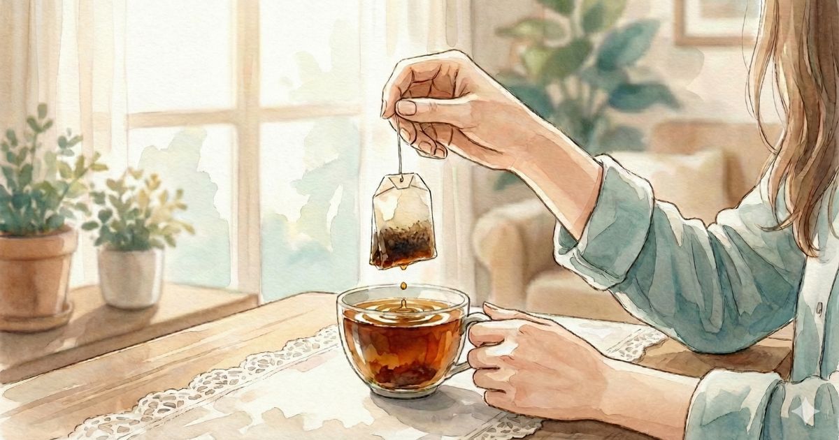 朝の光が入る部屋で、ティーバッグをカップに浸す手元を描いた水彩風イラスト