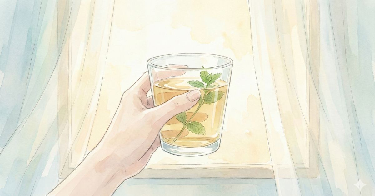 朝の光が差し込む窓辺で、ハーブが浮かぶグラスをそっと持つ女性の手の水彩イラスト