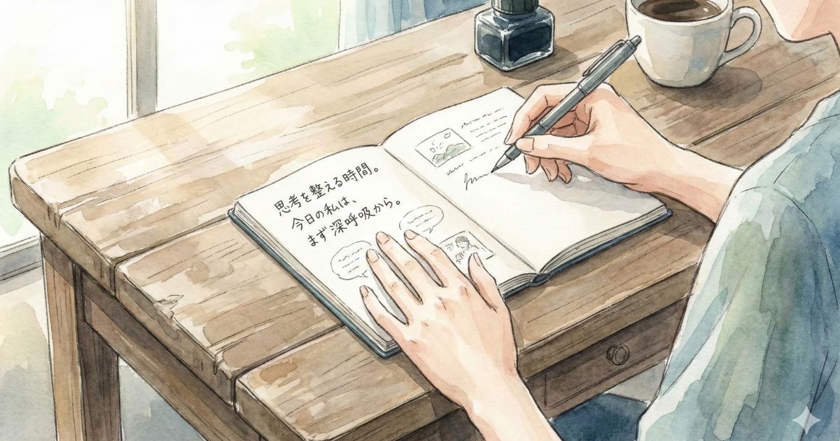 朝の光が差し込む木の机で、ノートにペンで静かに言葉を書き留める女性の手元のイラスト