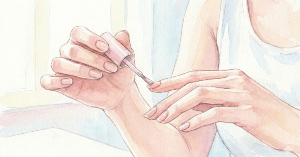 ネイルポリッシュを指先にそっと塗る女性の手元の水彩イラスト