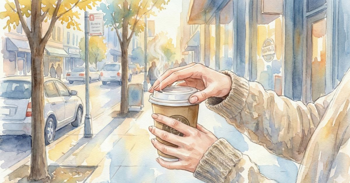 秋色の街並みの中、セーターを着た人物が紙カップのコーヒーのふたにそっと手を添えて立ち止まっている様子