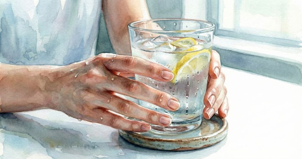 レモンの入った冷たい水のグラスを、濡れた手でそっと置く瞬間の水彩風イラスト