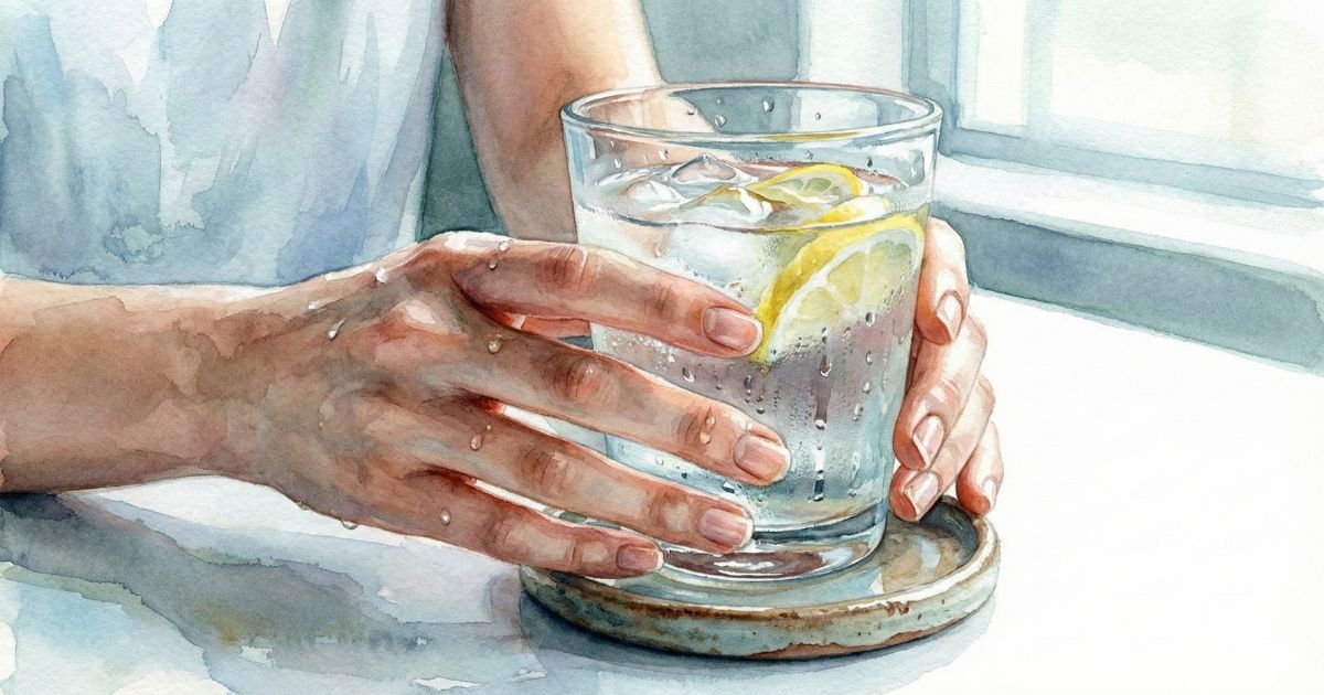 レモンの入った冷たい水のグラスを、濡れた手でそっと置く瞬間の水彩風イラスト