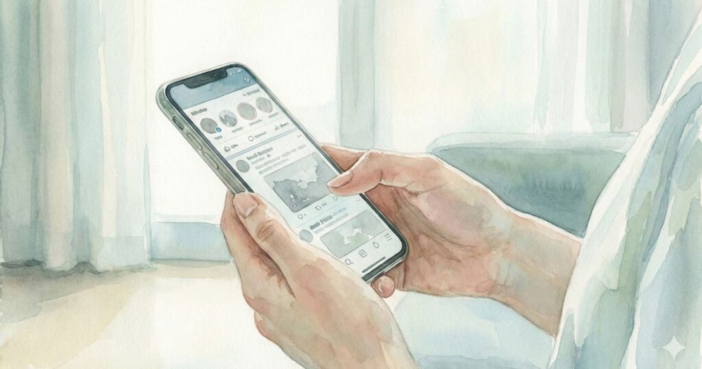 窓際のやわらかな光の中で、両手でスマートフォンを見つめている女性の手元