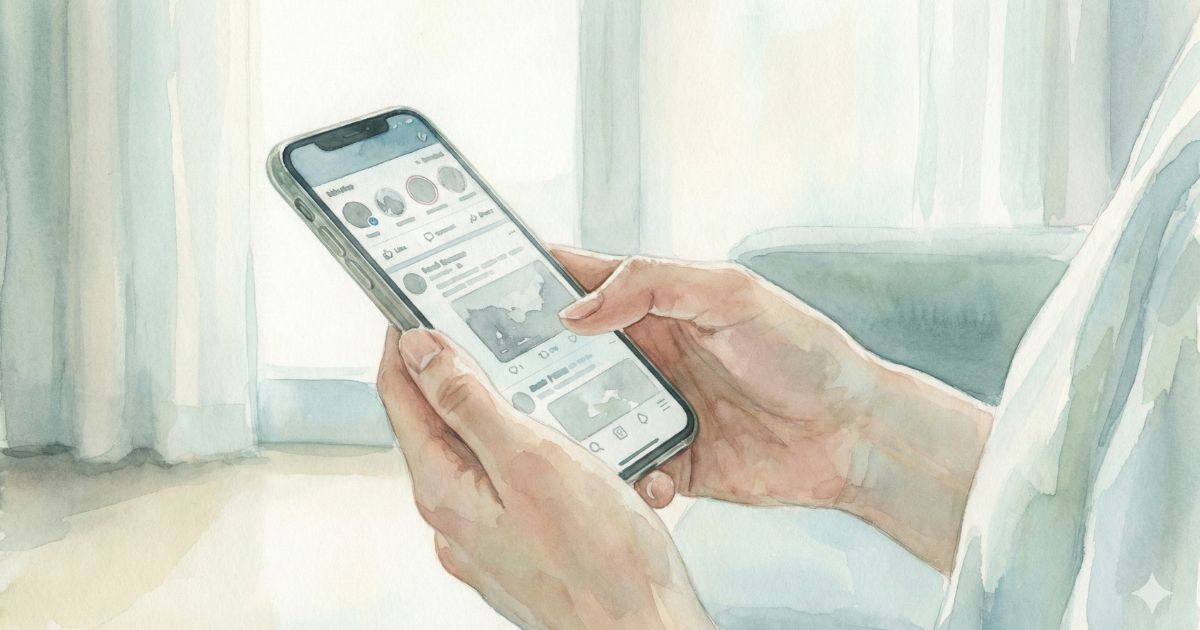 窓際のやわらかな光の中で、両手でスマートフォンを見つめている女性の手元